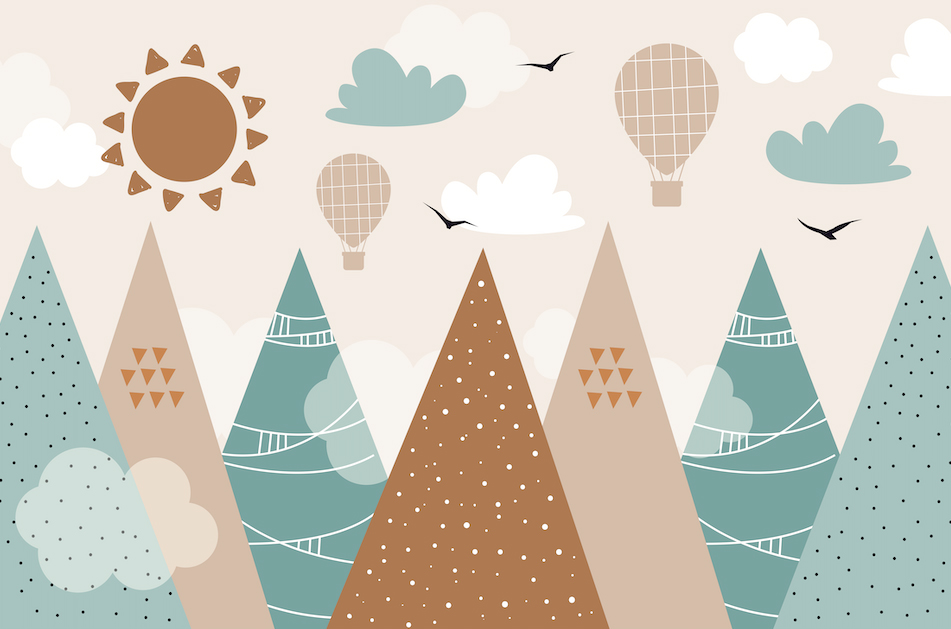 Montagne, montgolfière et oiseau dessin